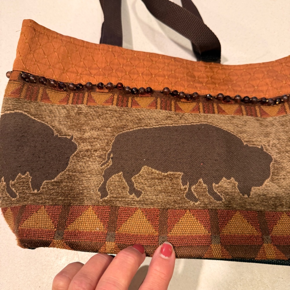 Buffalo print with beads Brown and Orange Tote Bag - Picture 5 of 11